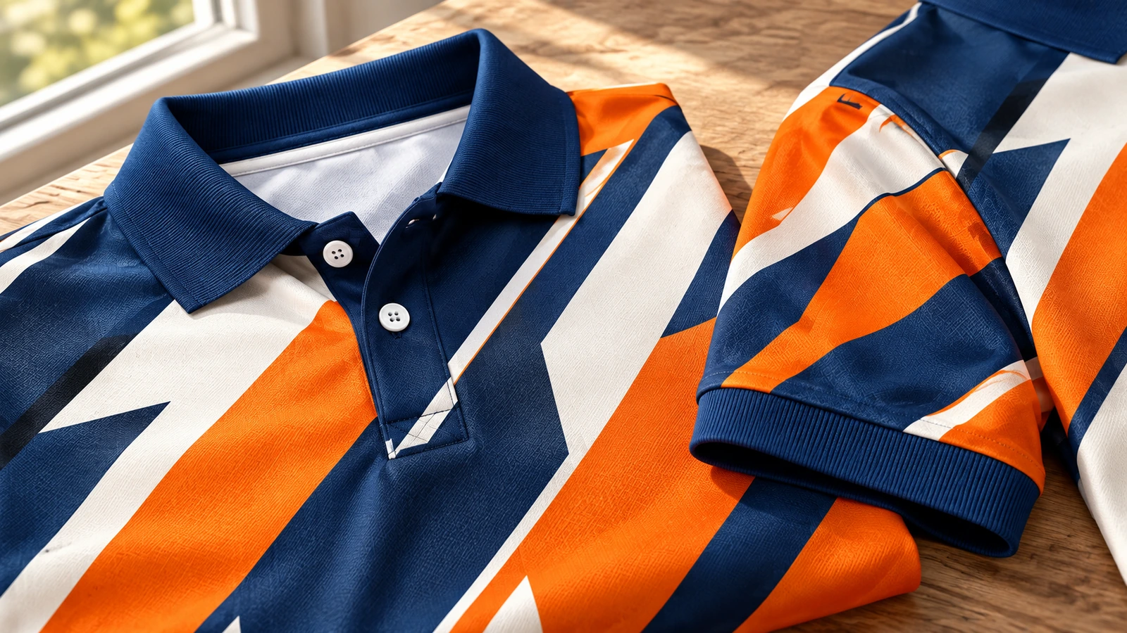 Close-up polo bermotif yang memperlihatkan kerah biru laut, placket kancing, dan manset lengan