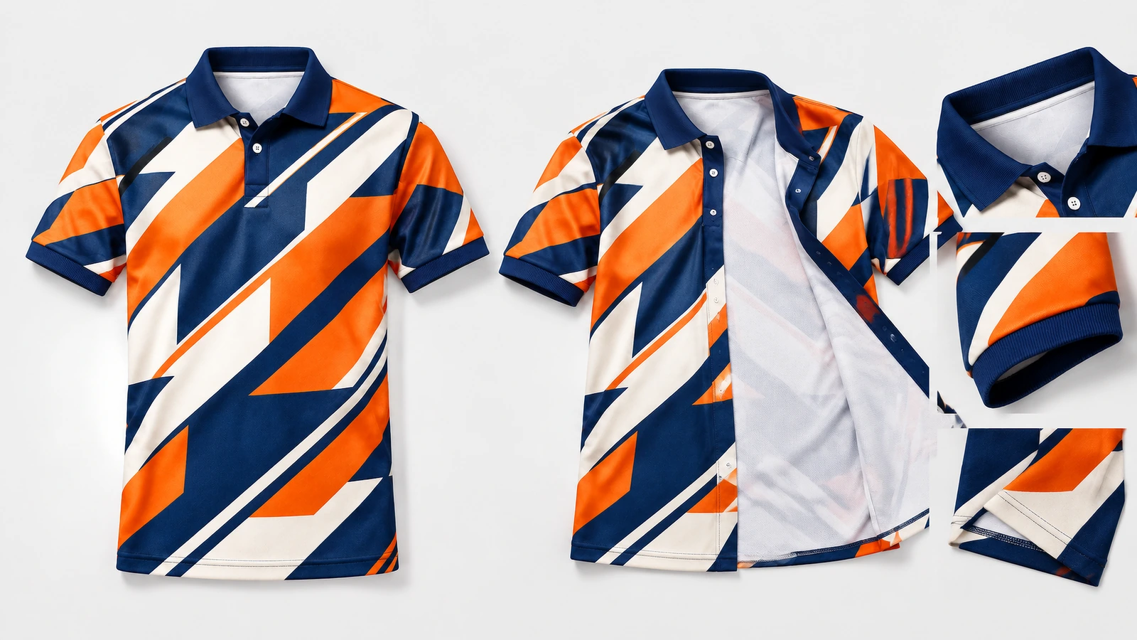 Polo bermotif ditampilkan tertutup dan terbuka untuk memperlihatkan permukaan dalam yang putih, dengan close-up kerah dan kain