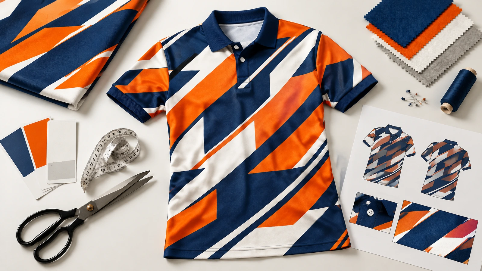 Polo bermotif biru laut, oranye, dan putih dikelilingi contoh kain, gunting, meteran, dan sketsa pakaian
