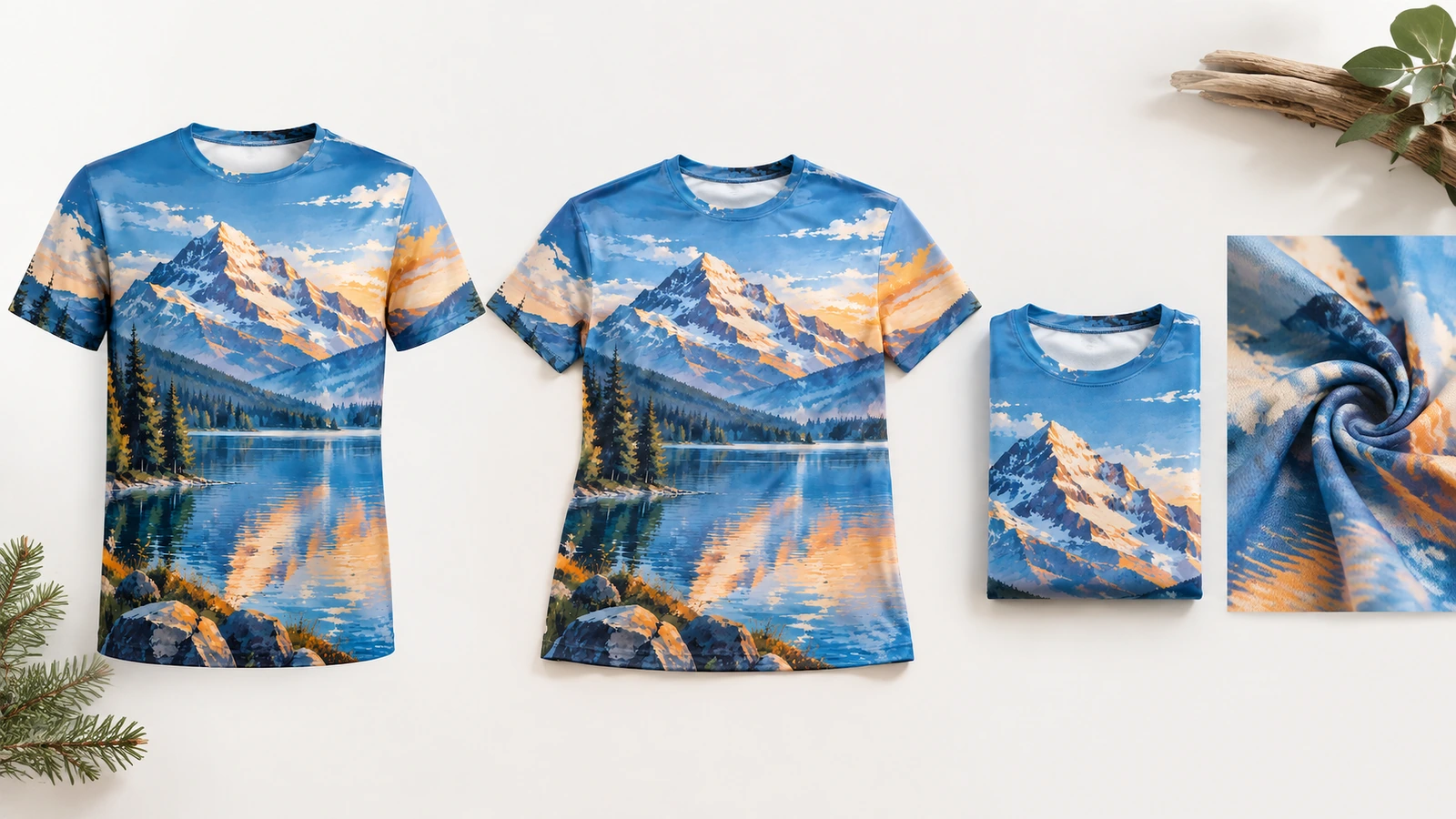 Kolase tampilan kaos cetak seluruh permukaan Dua kaos bercetak yang dipajang di samping kaos terlipat dan close-up kain