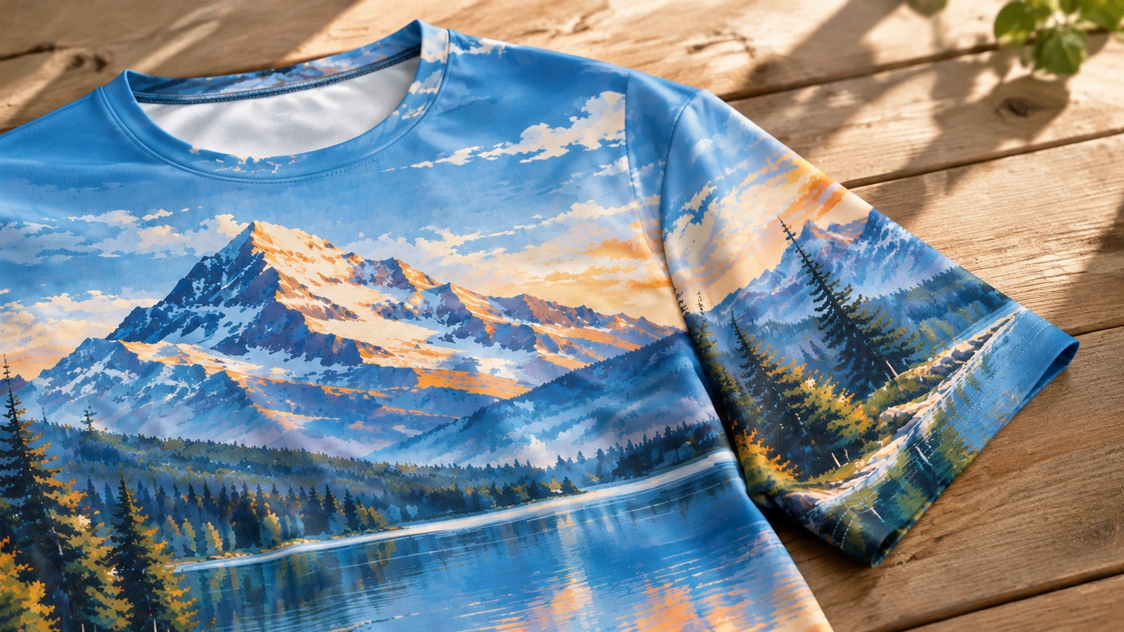 Kaos bercetak di atas permukaan kayu Kaos bercetak gunung dan danau diletakkan di atas permukaan kayu