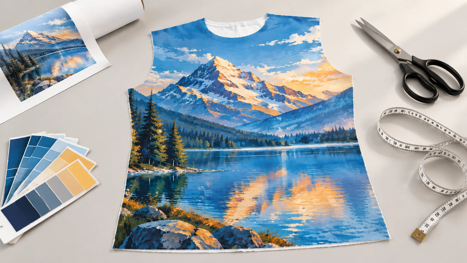Panel kain cetak seluruh permukaan dan bahan desain Panel kain bercetak gunung dan danau di samping gunting, meteran, dan contoh warna