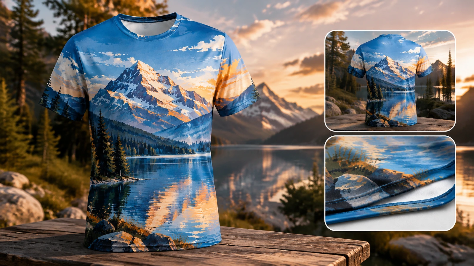 Tampilan luar ruangan kaos cetak seluruh permukaan Kaos bercetak gunung di luar ruangan, dengan tampilan belakang dan ujung bawah yang disisipkan
