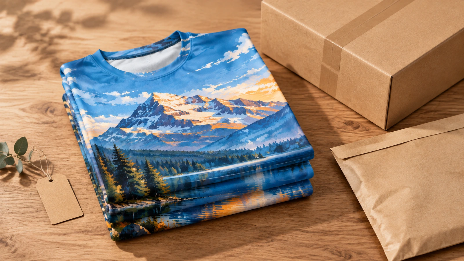 Kaos bercetak yang dilipat dan bahan pengemas Kaos cetak seluruh permukaan yang dilipat di samping kardus dan amplop kraft