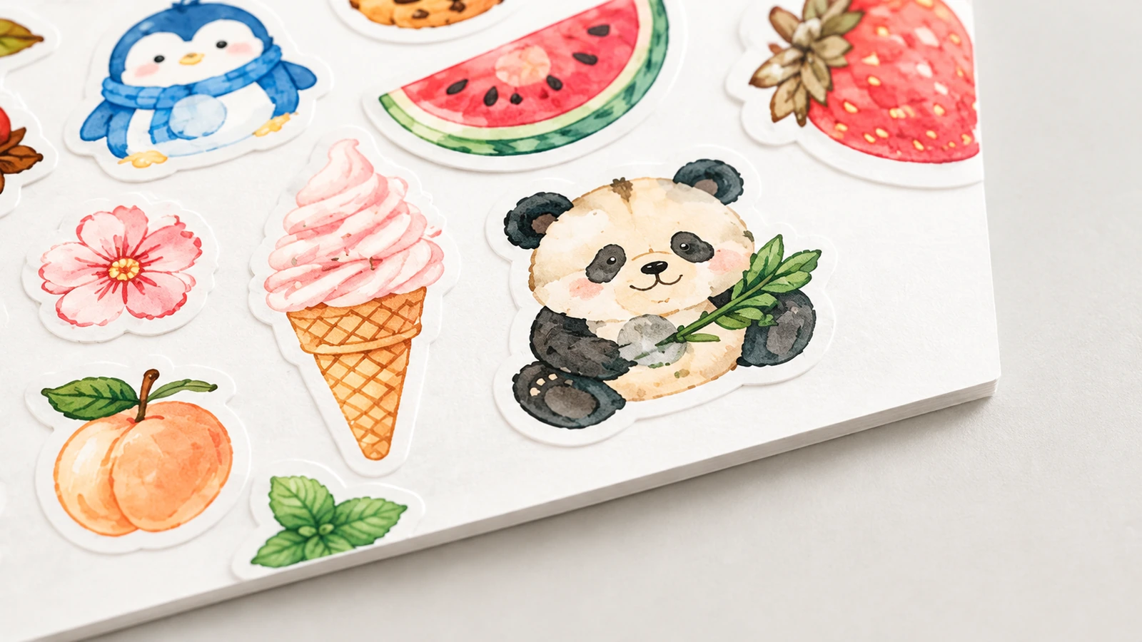 Close-up lembar stiker yang menampilkan ilustrasi panda, es krim, buah, dan bunga serta tepi potong