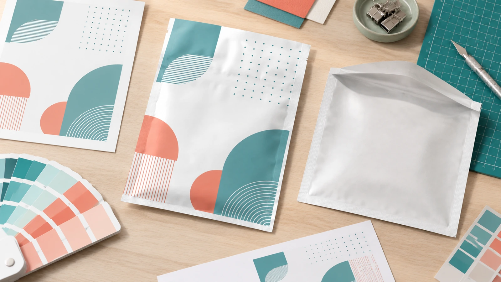 Desain kantong datar dan konsep contoh Kantong datar bercetak dan polos di samping lembar desain, contoh warna, dan alas potong
