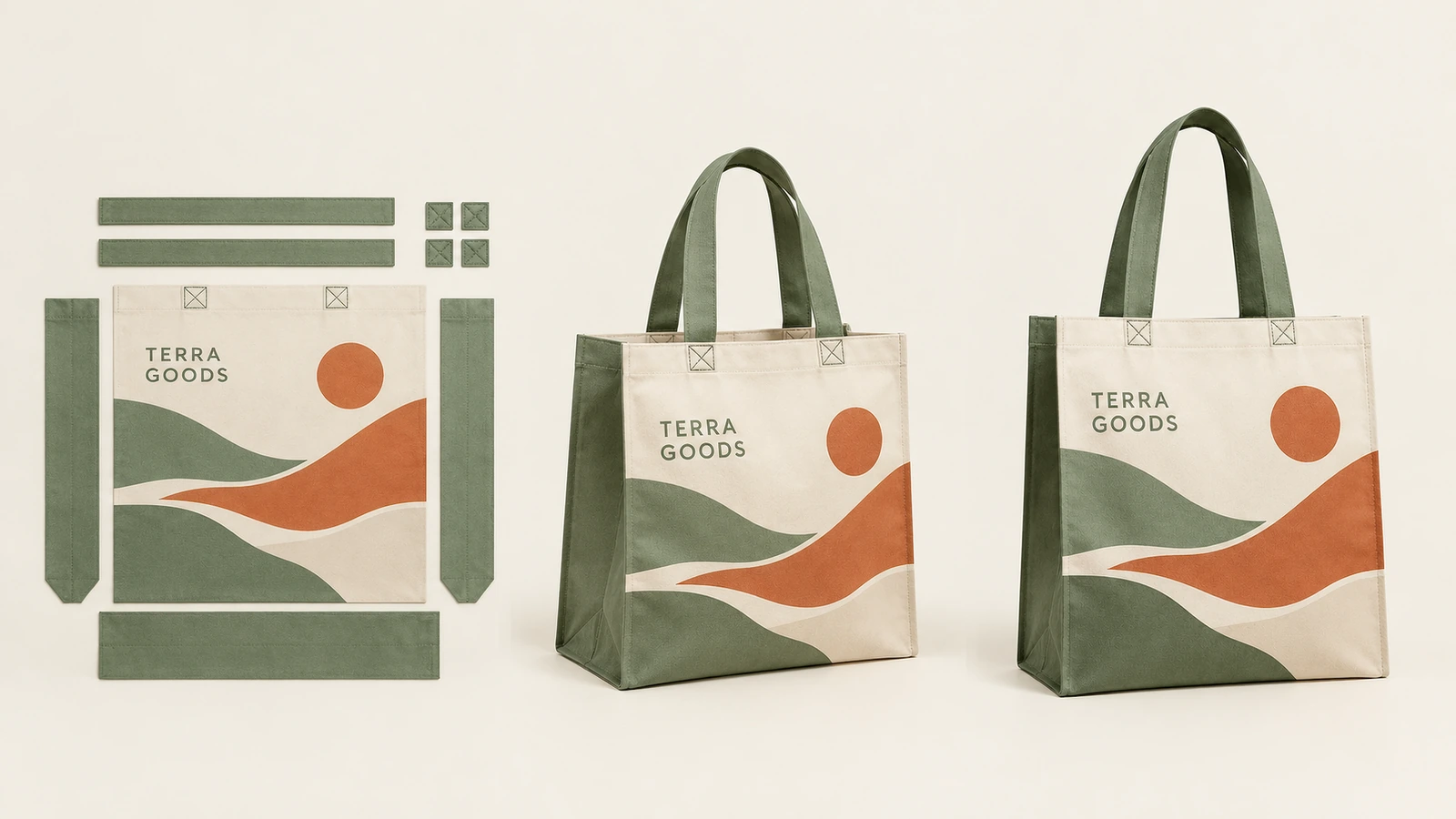 Komponen tote dan contoh tas yang sudah dirakit Potongan pola tote bergambar di samping dua tas cetak lanskap yang sudah jadi