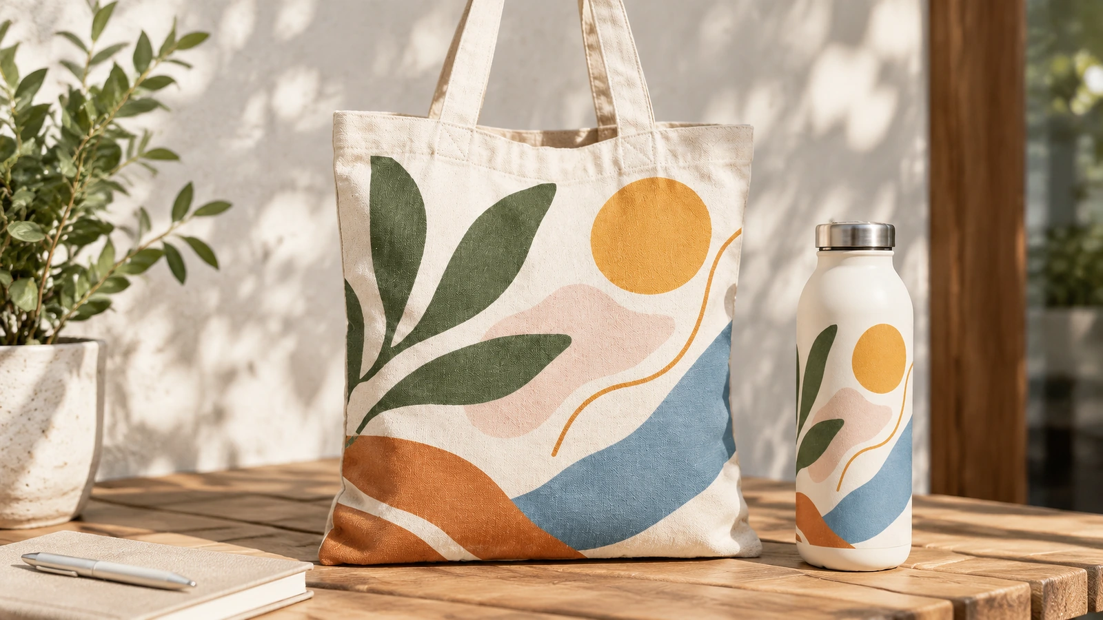 Tote katun bercetak di samping botol dengan artwork yang serupa di atas meja kayu