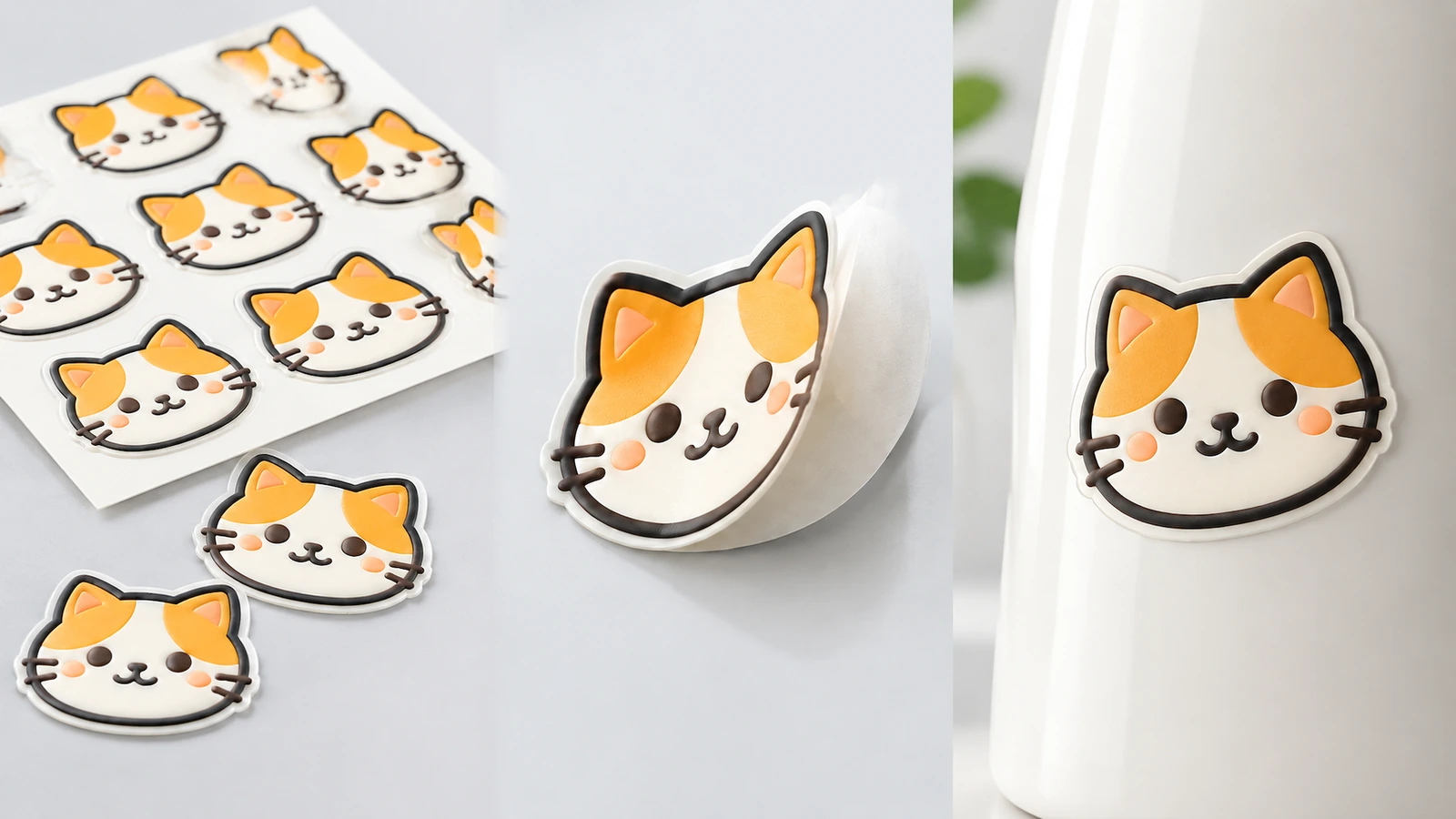 Kolase yang menampilkan lembar stiker wajah kucing, sepotong stiker yang terangkat, dan sebuah stiker pada botol putih