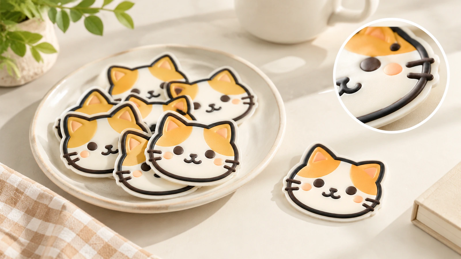 Stiker wajah kucing di atas piring dan meja dengan sisipan detail melingkar