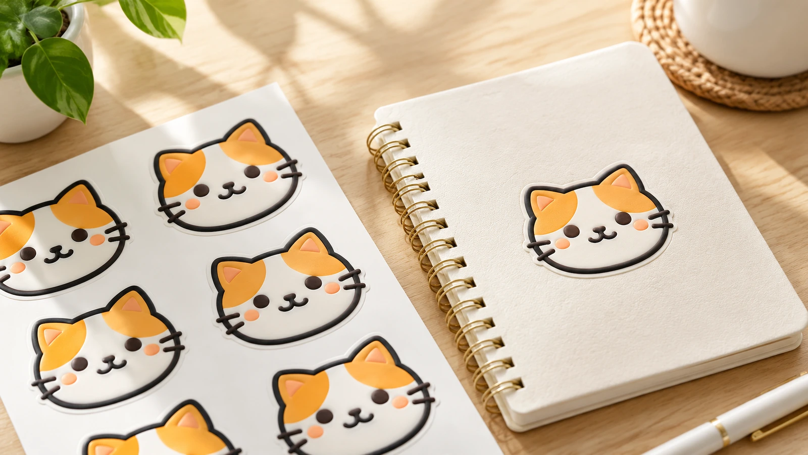 Stiker wajah kucing pada buku catatan spiral di samping lembar stiker yang serasi