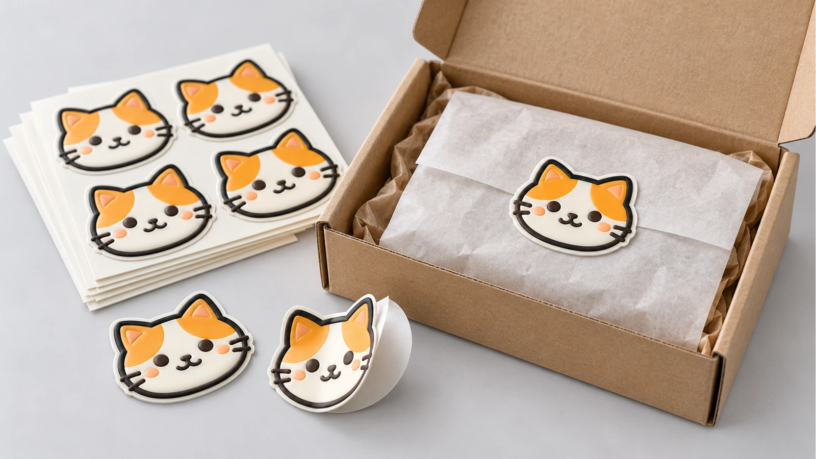 Lembar stiker wajah kucing dan potongan terpisah di samping kotak kardus berlapis kertas tisu