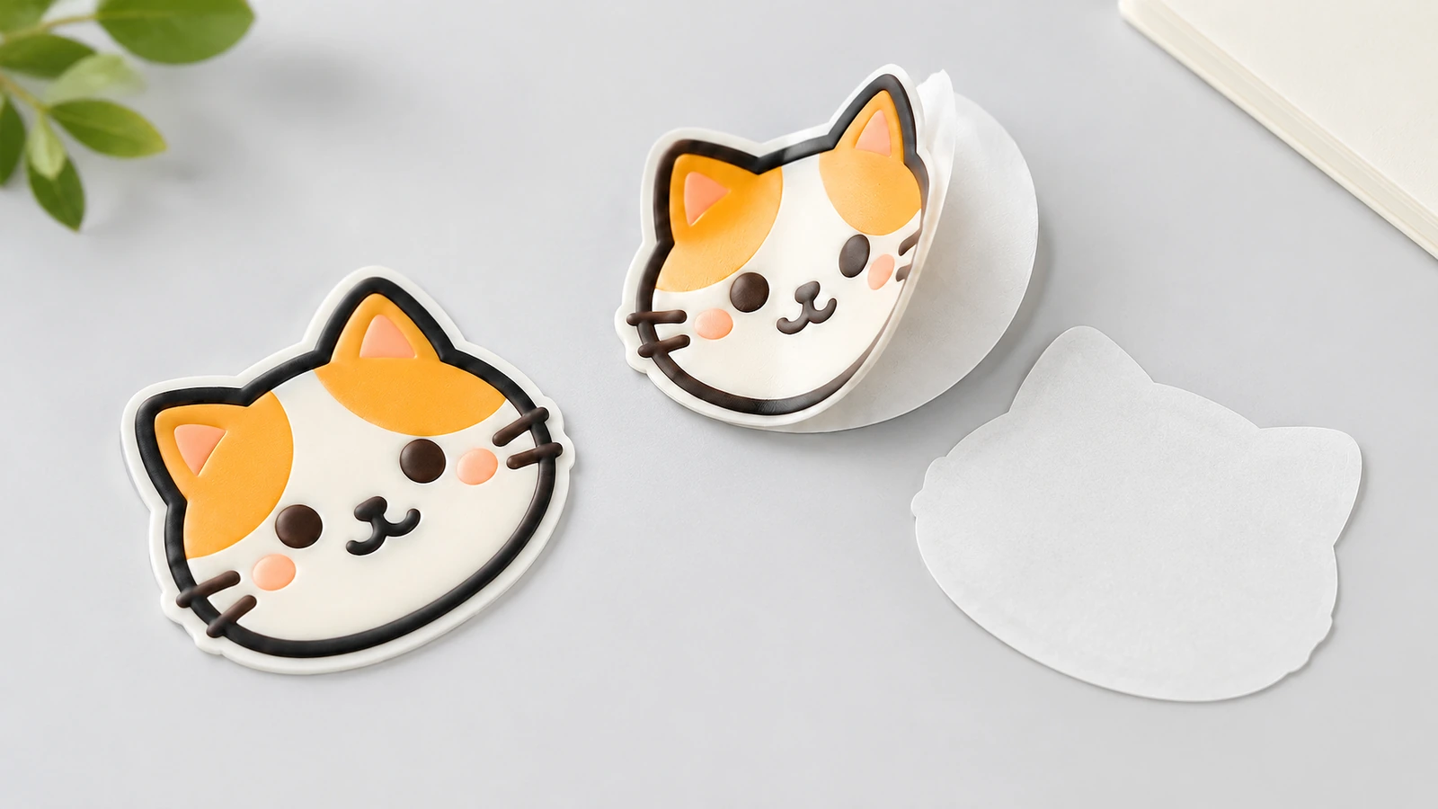 Stiker wajah kucing dengan 1 potong terangkat di atas lapisan pendukung putih berbentuk