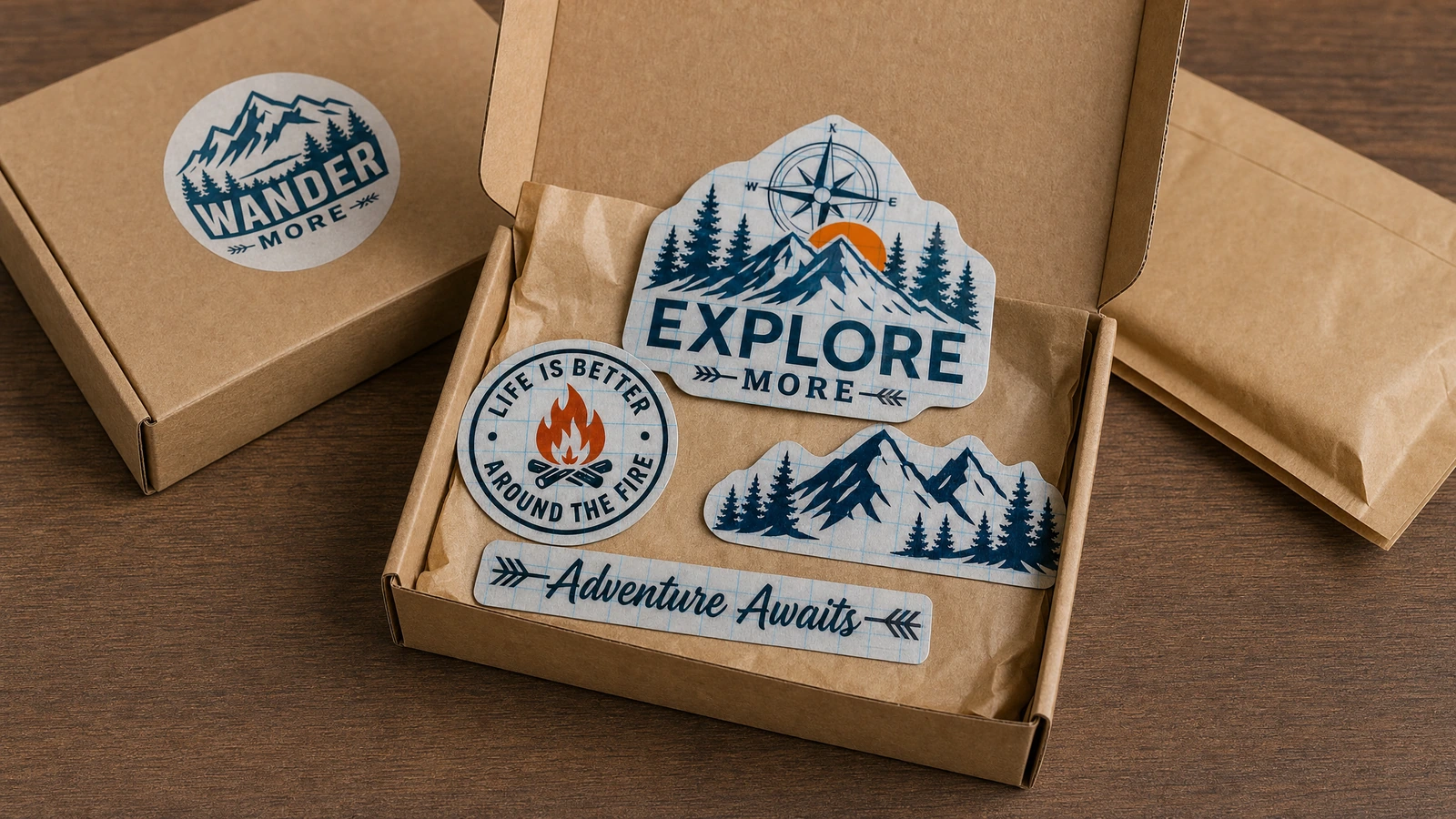 Amplop kraft terbuka berisi desain dekal bertema camping di atas kertas tisu, dengan lebih banyak amplop kraft di sampingnya