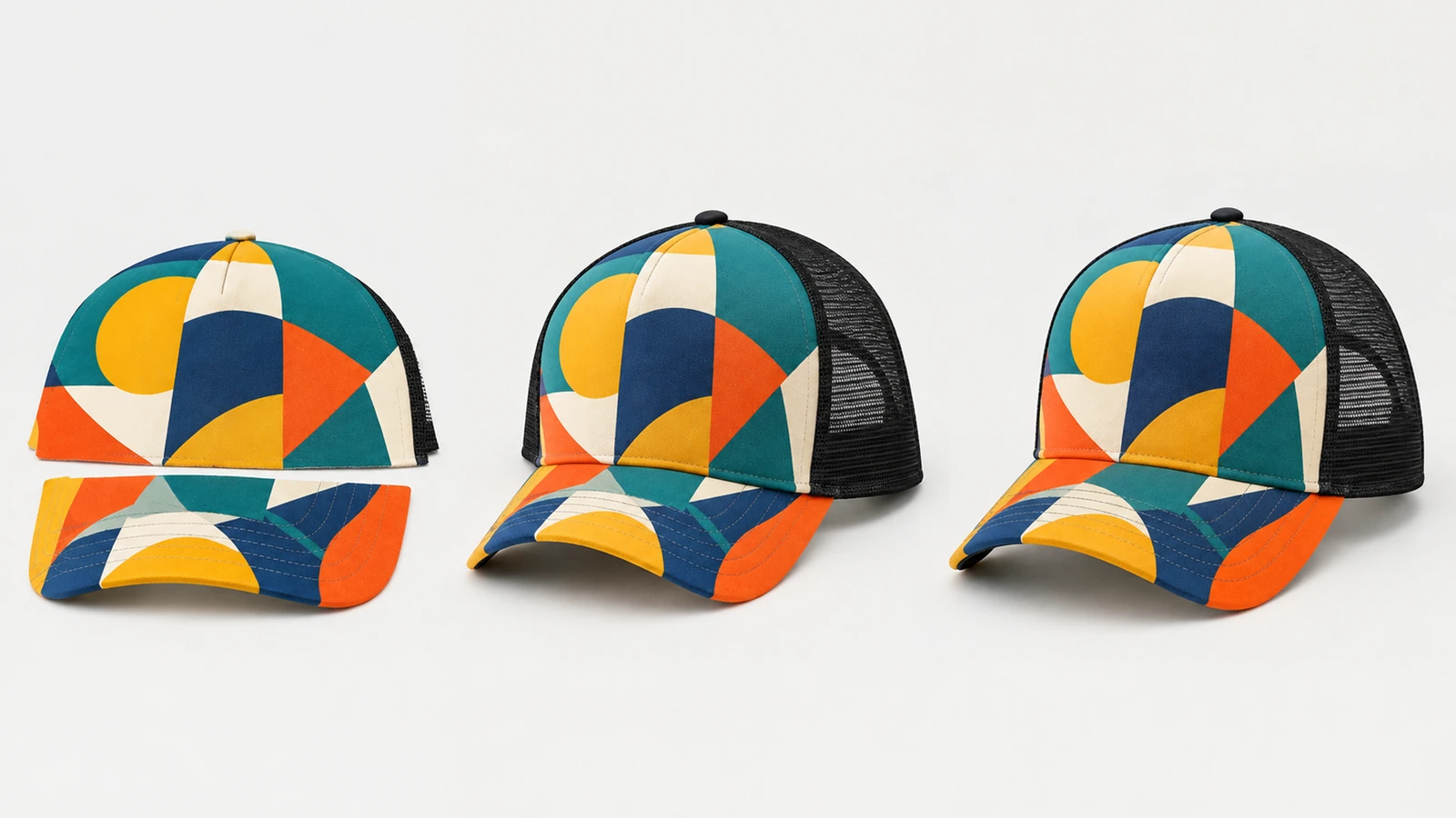 Tiga tahap yang menunjukkan panel topi cetak terpisah dan topi trucker yang sudah dirakit