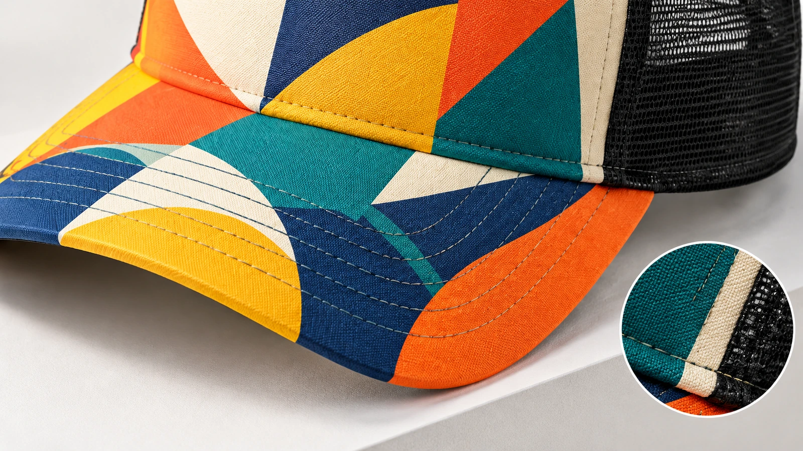 Close-up bagian depan topi berwarna-warni, visor melengkung, dan sisi mesh hitam