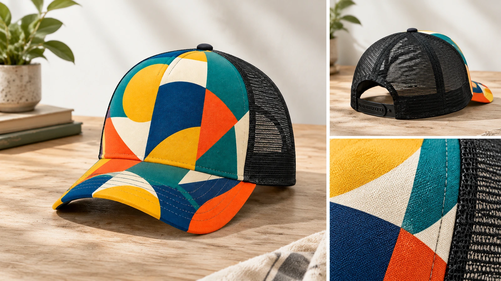 Tampilan topi trucker cetak dengan snap belakang tersisip dan detail kain