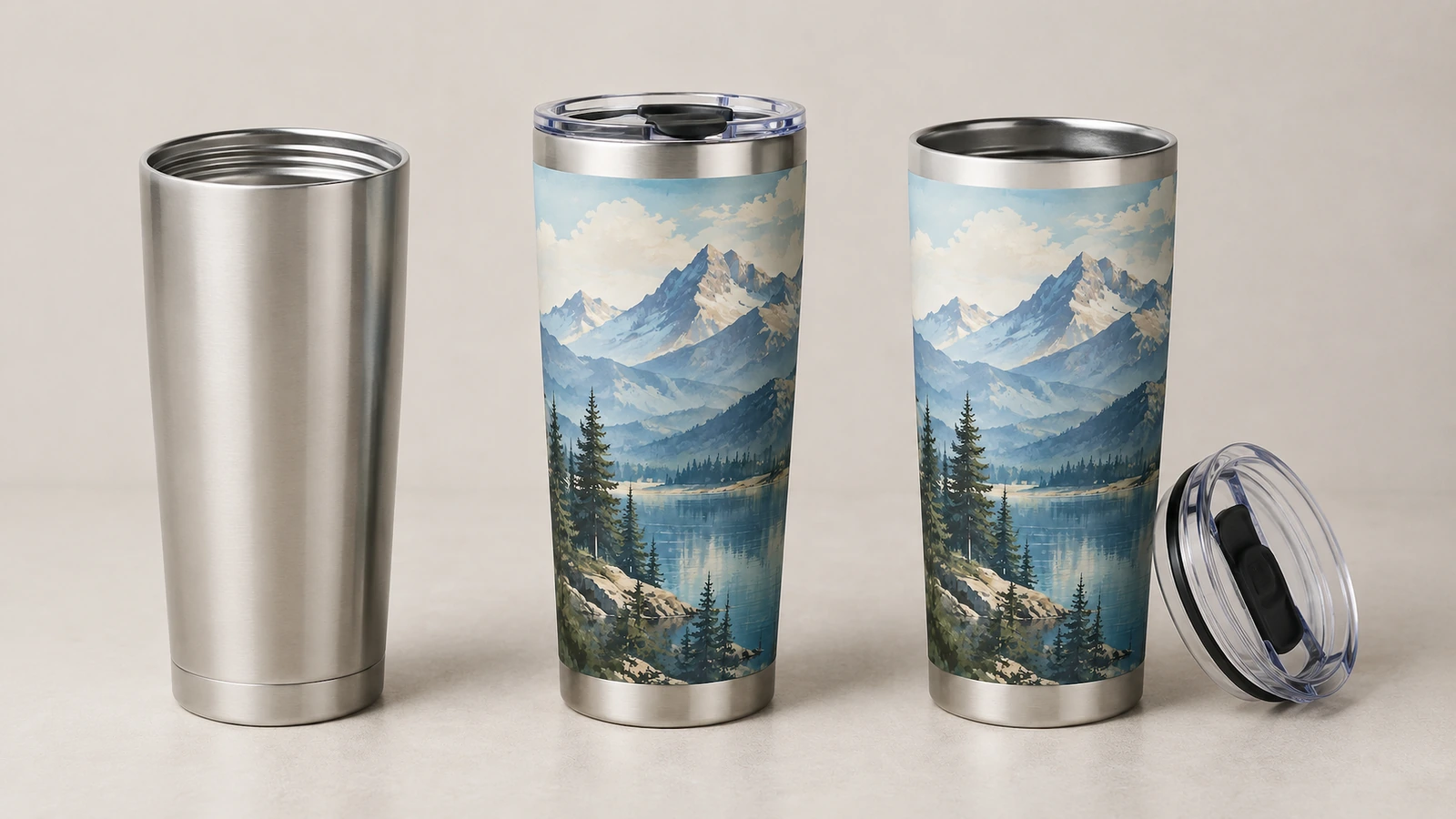 Tumbler polos berwarna baja di samping dua tumbler bermotif gunung dan tutup bening
