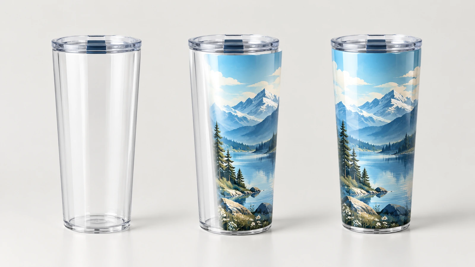 Tumbler bening polos di samping dua tumbler desain gunung