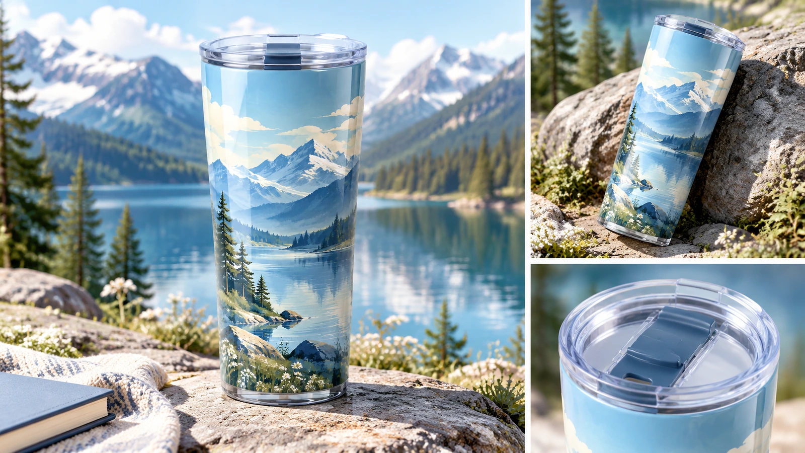 Kolase tumbler desain gunung di luar ruangan dan tampilan dekat tutup beningnya