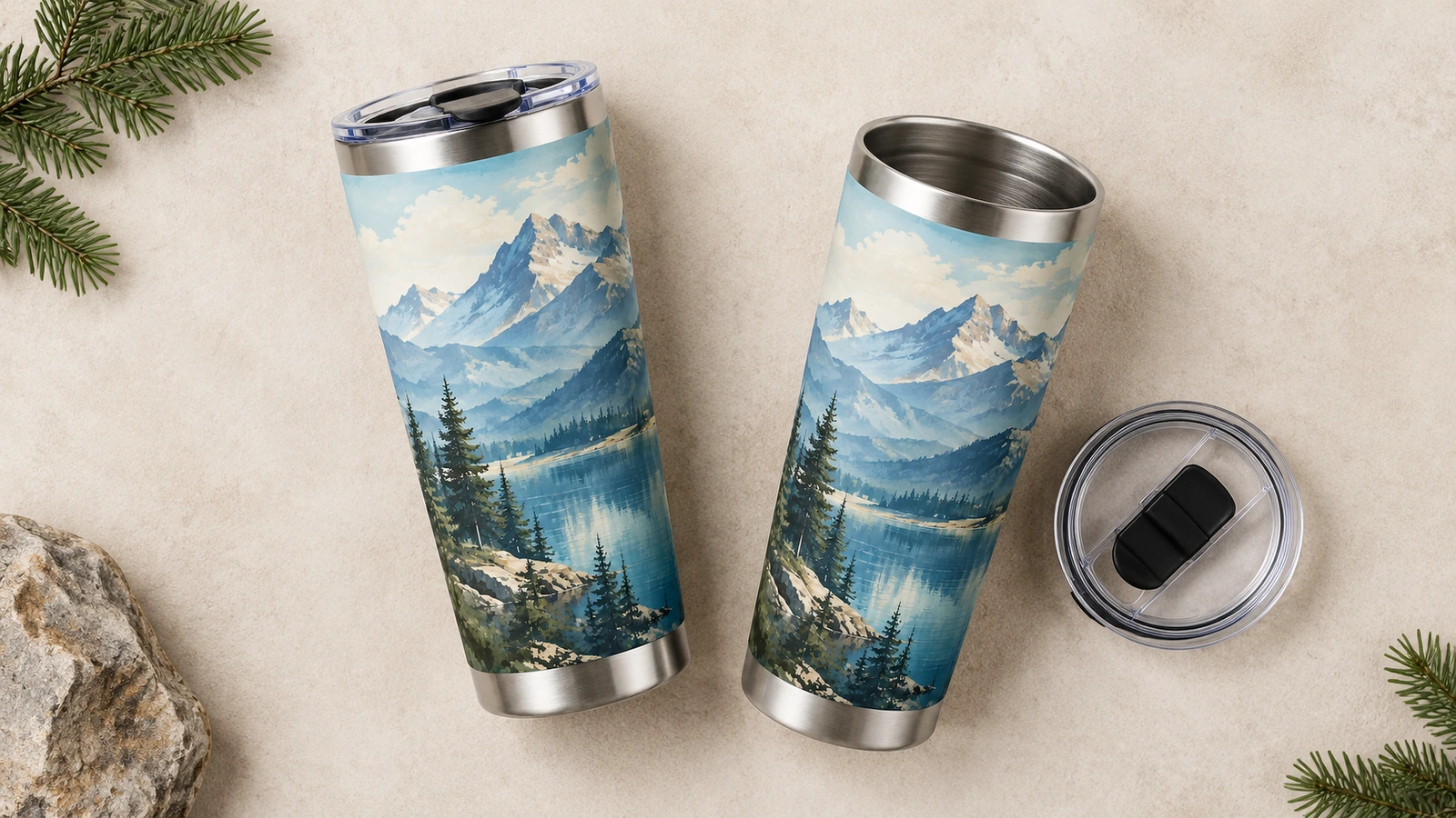 Dua tumbler bermotif gunung dengan satu tutup terpasang dan tutup lain di samping gelas yang terbuka