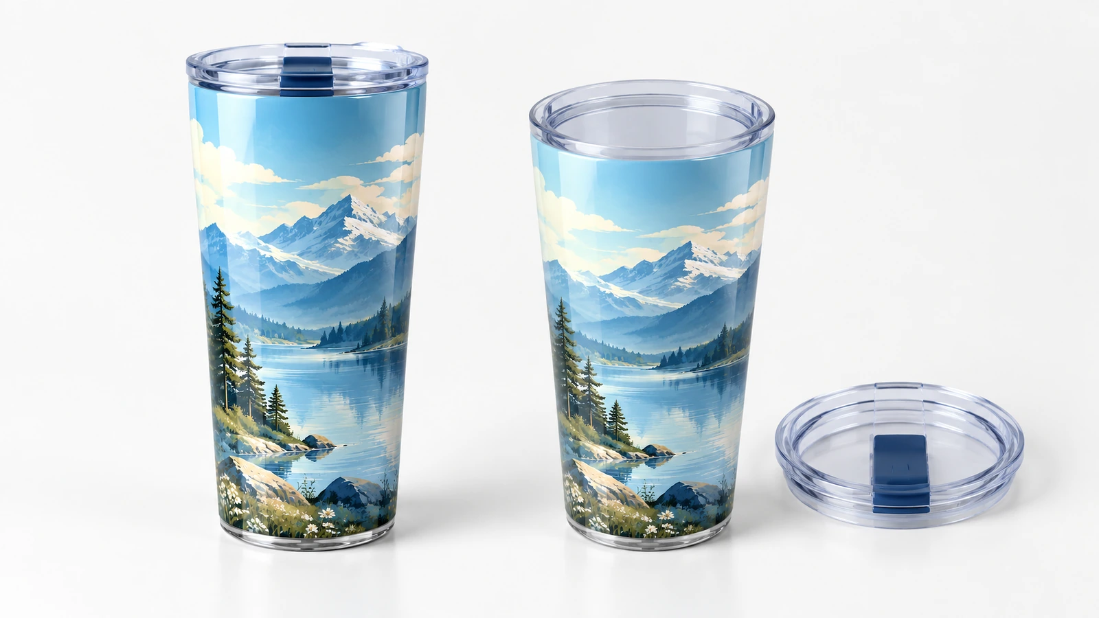 Dua tumbler desain gunung dengan satu tutup terpasang dan tutup bening lepas di sampingnya