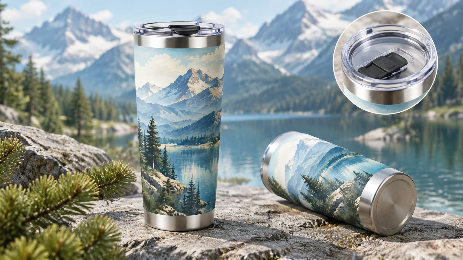 Tumbler bermotif gunung di luar ruangan dengan inset yang menampilkan tutup minum bening