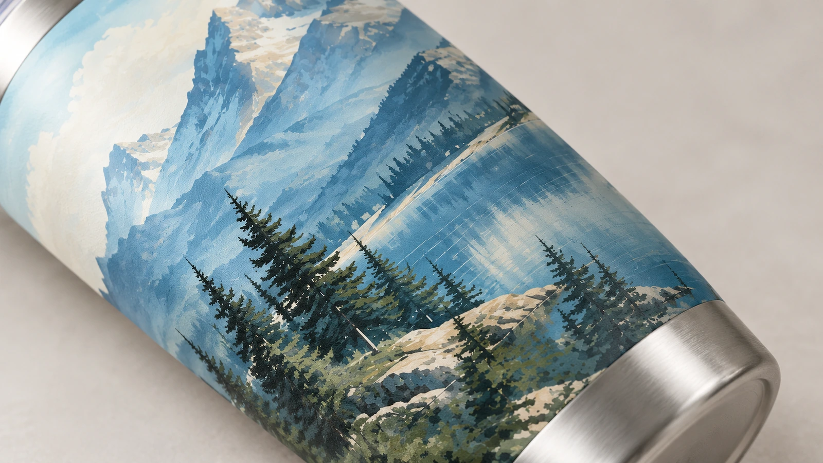 Close-up artwork gunung dan danau berwarna biru pada tumbler dengan dasar berwarna baja