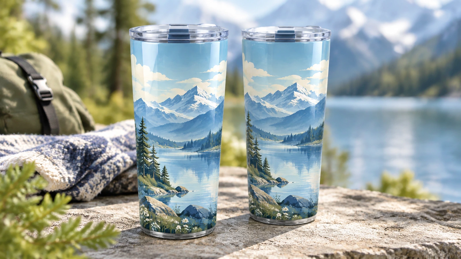 Dua tumbler desain gunung di atas batu di samping danau dan ransel