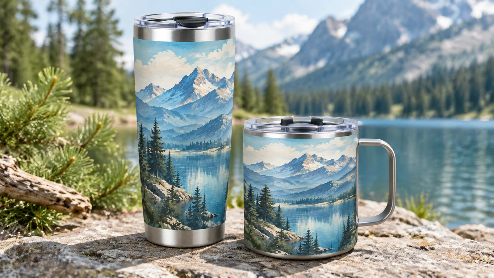 Tumbler tinggi bermotif gunung dan gelas berpegangan di samping danau
