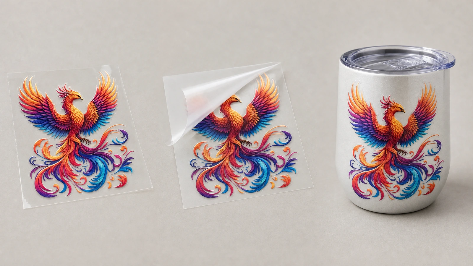 Dekal phoenix di atas lembar bening, lembar pembawa yang sebagian terangkat, dan desain serupa pada tumbler putih