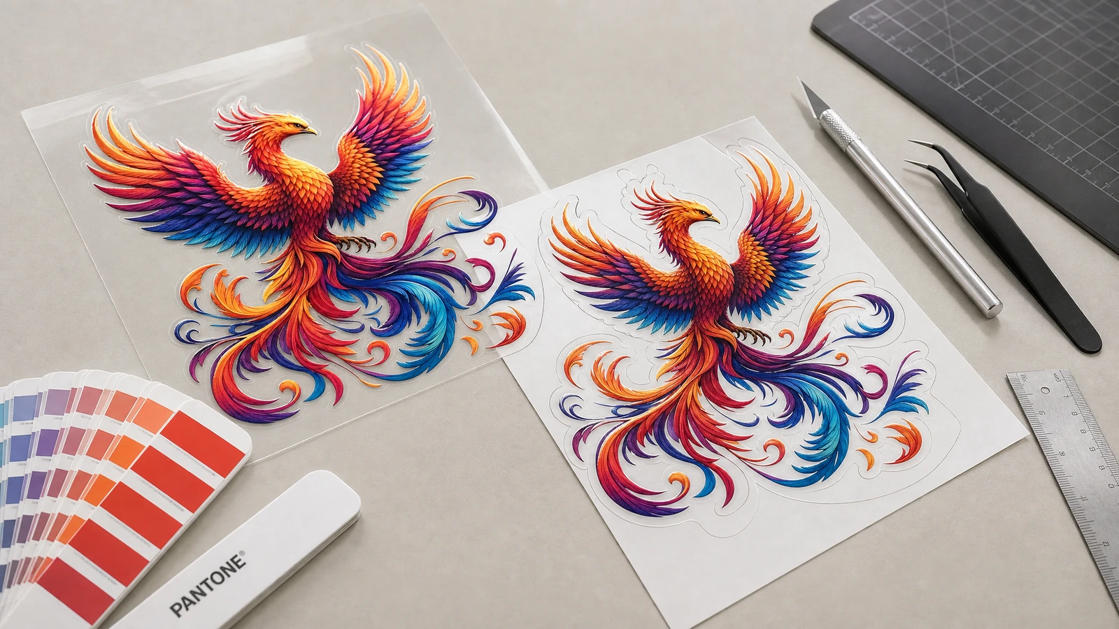 Dua desain dekal phoenix berwarna di samping kipas sampel warna, penggaris, dan alat kerajinan