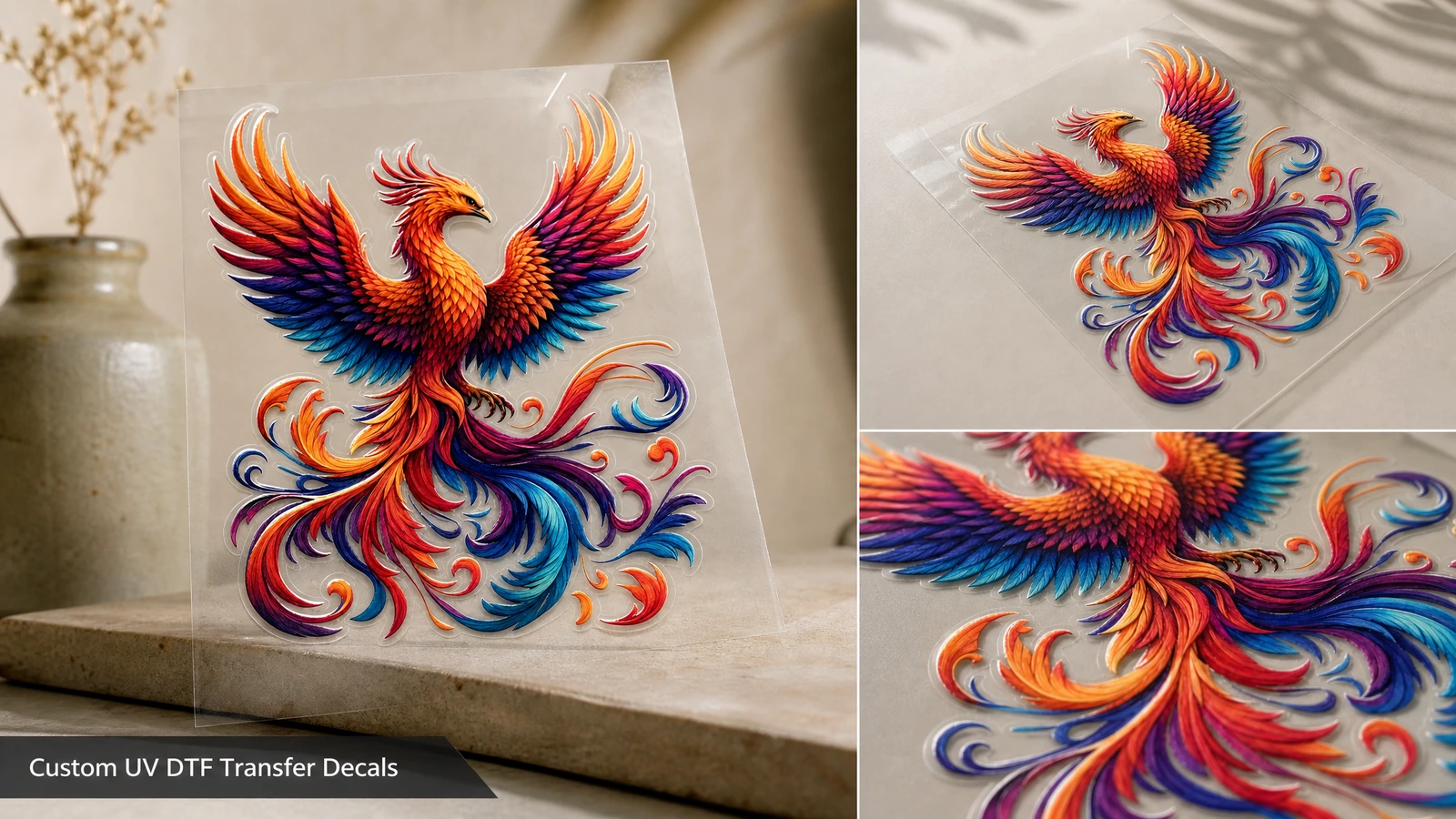 Kolase dekal phoenix di atas panel bening dengan tampilan close-up warna dan tepinya