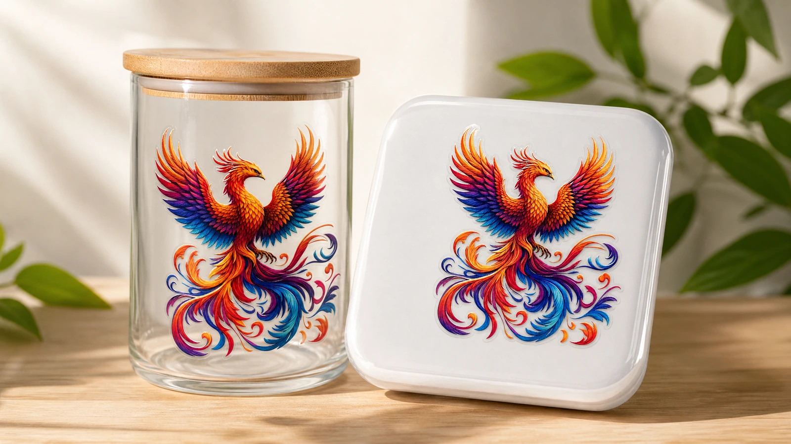 Dekal phoenix serupa pada toples kaca bening dan piring persegi putih