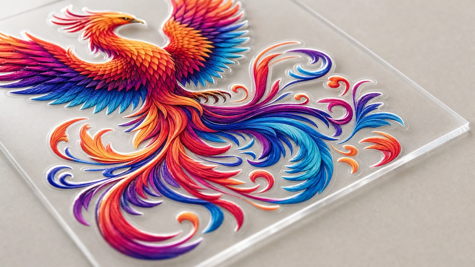 Close-up dekal phoenix multiwarna dengan tepi yang tampak timbul di atas panel bening
