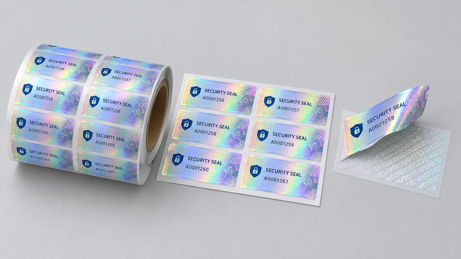 Gulungan dan lembaran label keamanan holografis di samping label yang terangkat dan memperlihatkan pola VOID