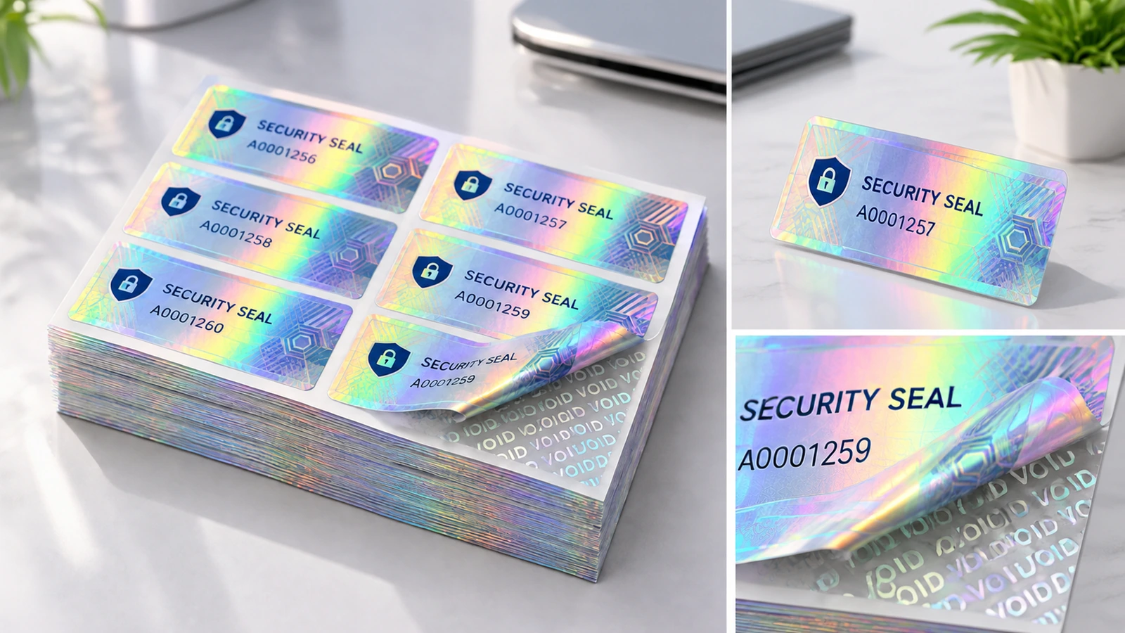 Kolase lembaran label keamanan holografis, satu label bernomor secara individual, dan tampilan jarak dekat sudut VOID yang terkelupas