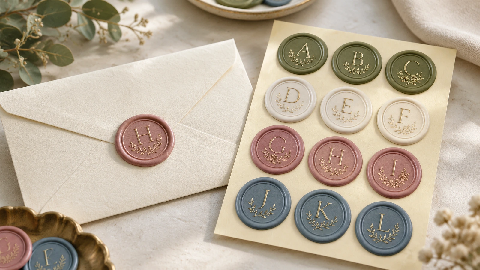 Amplop dengan segel lilin mawar di samping lembar segel monogram multiwarna