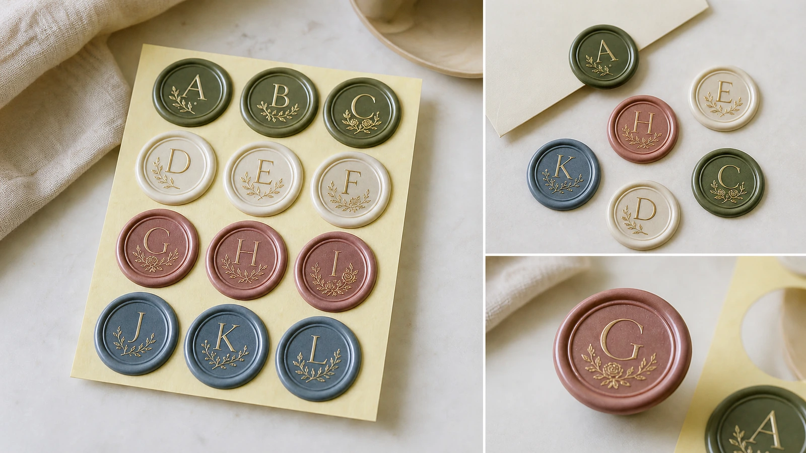 Kolase yang menampilkan lembar segel monogram, segel lepas, dan close-up segel mawar
