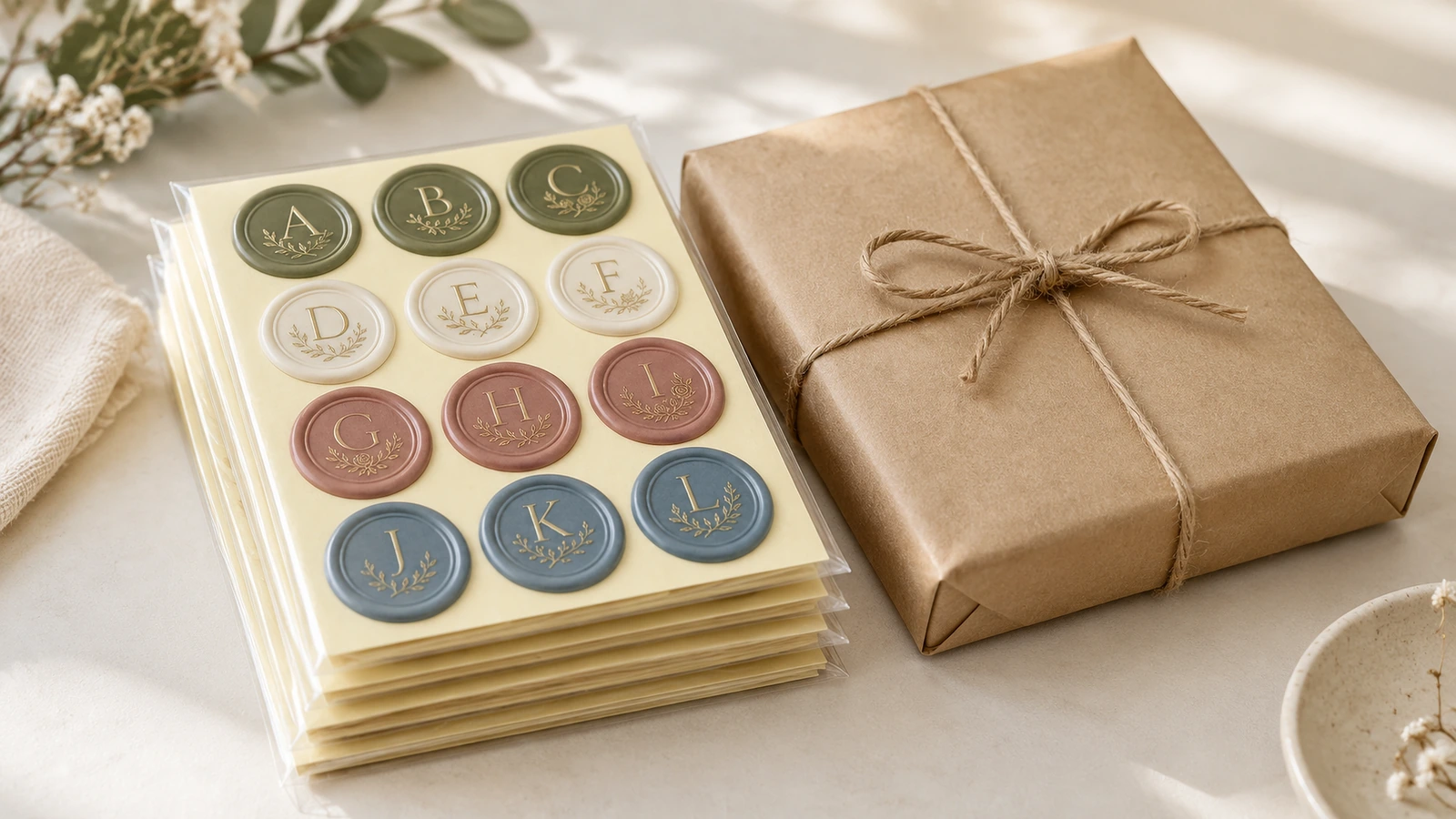 Tumpukan lembar segel monogram multiwarna di samping kado berbungkus kertas kraft yang diikat tali