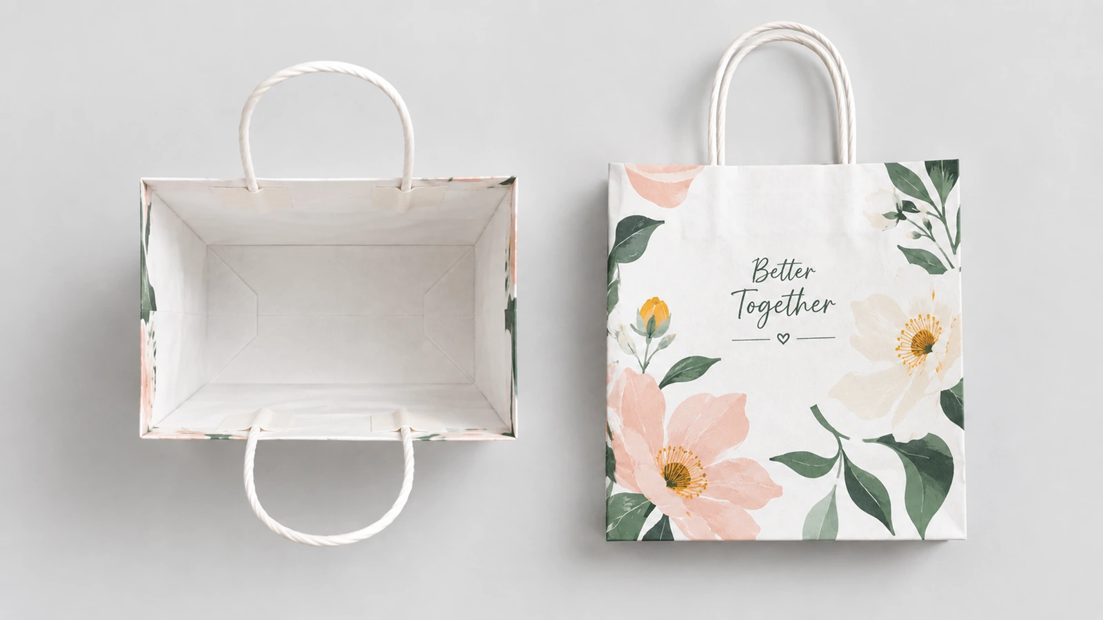 Tampilan terbuka dan tegak tas bunga putih dengan pegangan berpilin dan tulisan Better Together