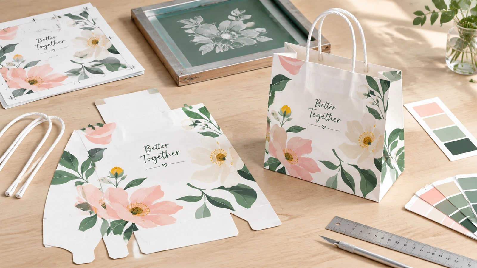 Tas kertas bunga putih dengan komponen cetak datar, pegangan cadangan, contoh warna, dan penggaris