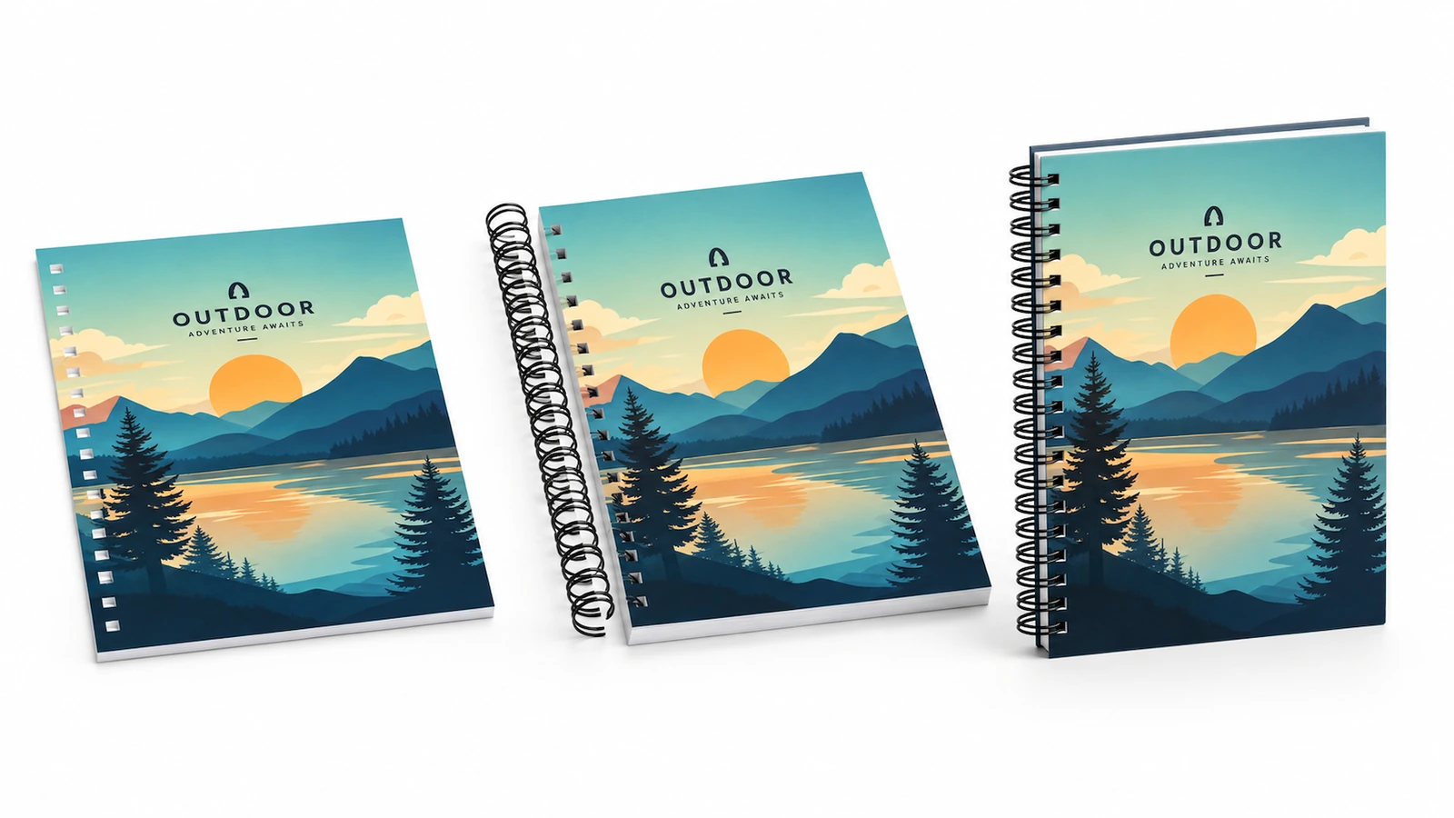 Sampul berlubang dan buku catatan yang sudah dirakit Konsep lembar sampul berlubang di samping buku catatan sampul lanskap yang sudah dijilid