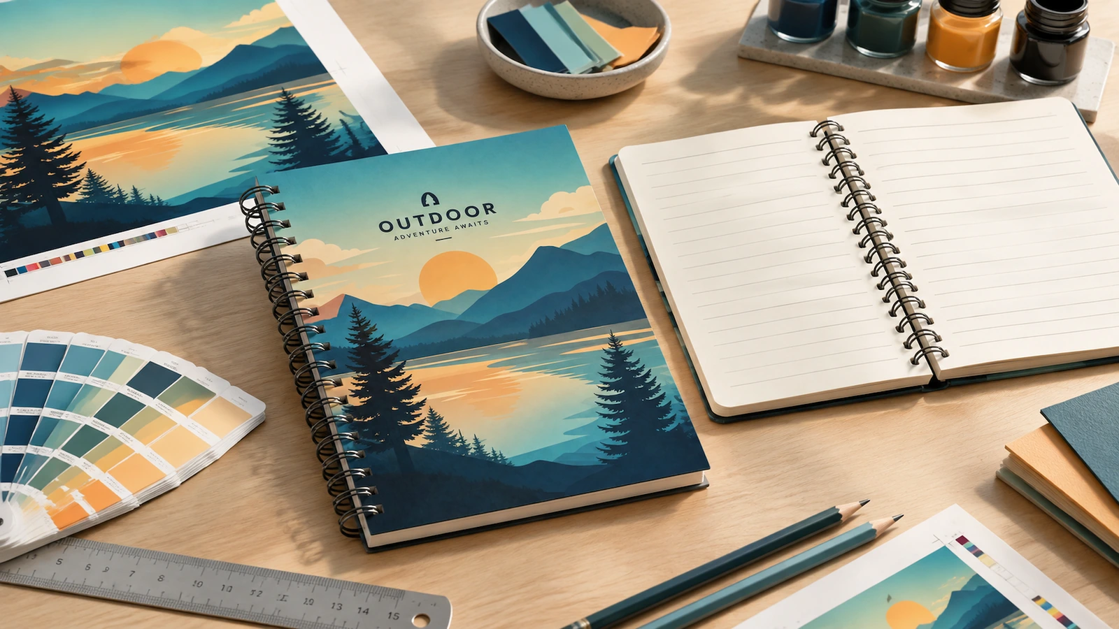 Konsep sampul buku catatan dan bagian dalam bergaris Konsep buku catatan sampul lanskap dan buku catatan bergaris terbuka di samping artwork, sampel warna, dan alat gambar