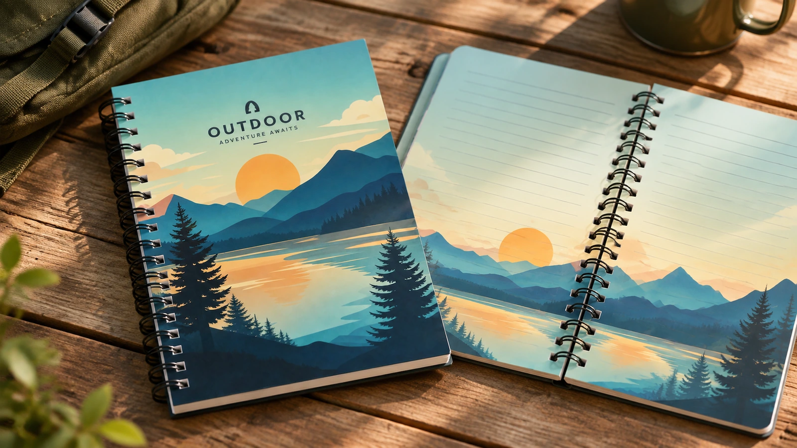 Sampul buku catatan dan bagian dalam berilustrasi Konsep buku catatan sampul lanskap di samping buku catatan terbuka dengan halaman dalam berilustrasi