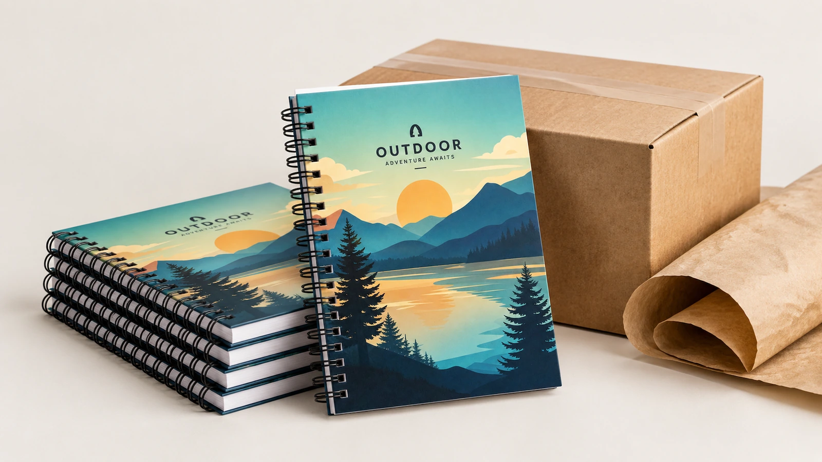 Buku catatan di samping bahan kemasan Konsep tumpukan buku catatan sampul lanskap di samping kardus dan kertas kraft