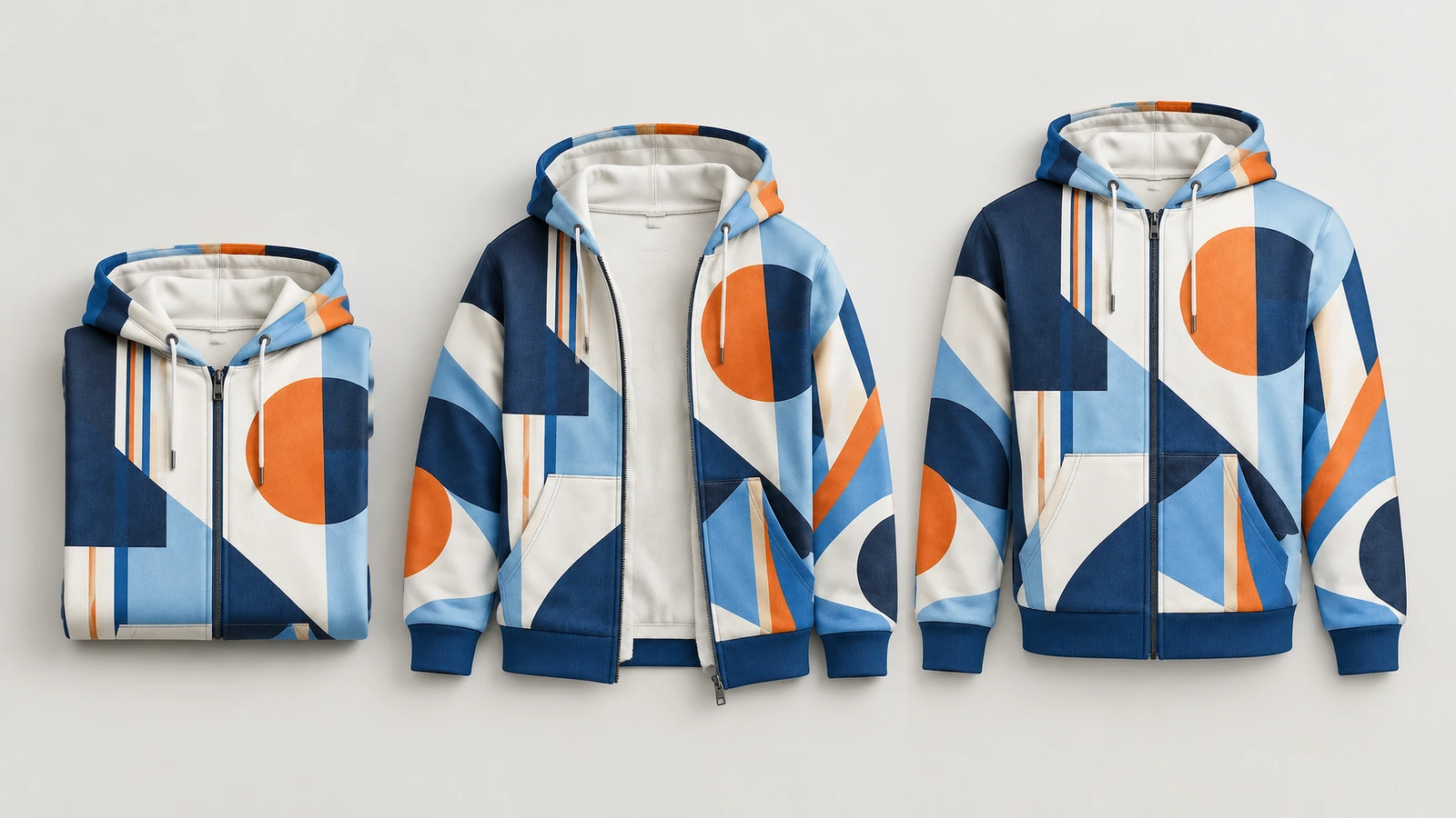 Tampilan hoodie zip geometris terlipat, sebagian terbuka, dan tertutup