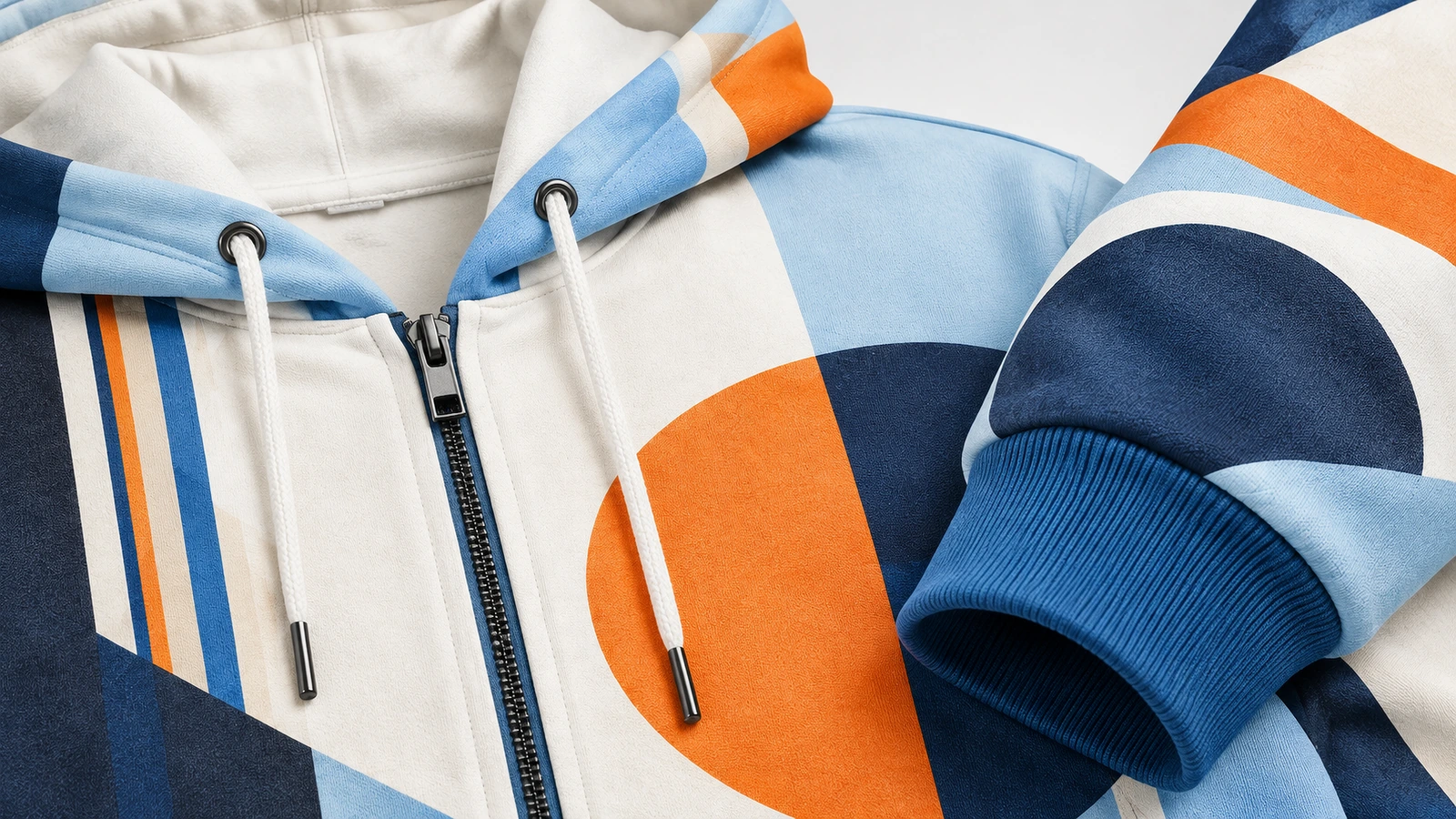 Close-up hoodie zip geometris yang memperlihatkan resleting, tali serut, lapisan tudung, dan manset rib biru