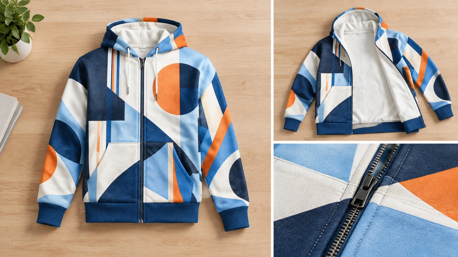 Kolase hoodie zip geometris yang ditampilkan datar, sebagian terbuka, dan close-up resleting