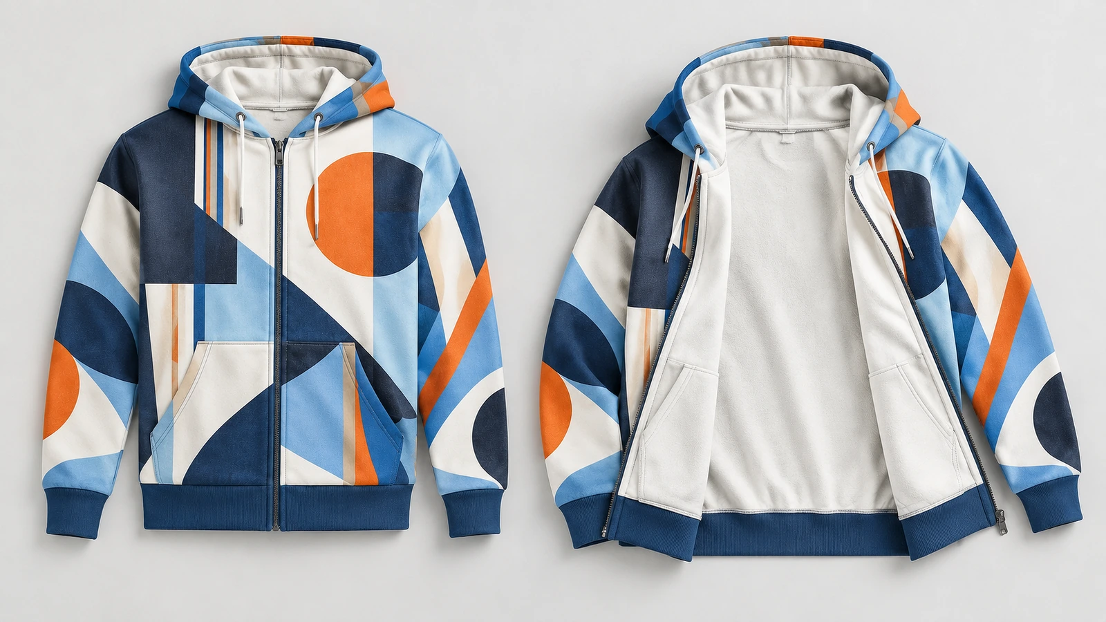 Hoodie zip geometris ditampilkan tertutup dan terbuka untuk memperlihatkan bagian dalam berwarna pucat